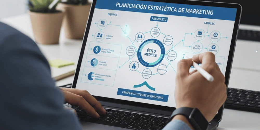 Gráfico de estrategia que ilustra la planificación anticipada de campañas de marketing exitosas, conectando equipos, presupuesto y canales para lograr éxito medible.