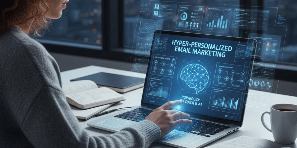 Mujer joven frente a una laptop trabajando con la hiperpersonalización del email marketing, impulsada por datos e IA, una de las tendencias de email marketing 2026