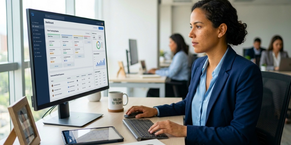 Mujer profesional usando software de automatización para optimizar el seguimiento de clientes y ganar tiempo
