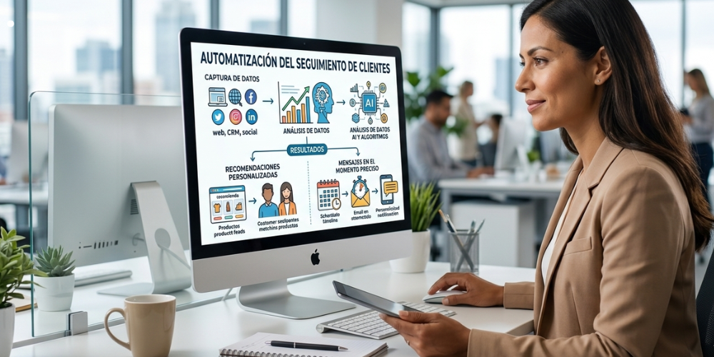 Infografía sobre cómo la automatización del seguimiento de clientes convierte datos en recomendaciones personalizadas y mensajes en el momento preciso.