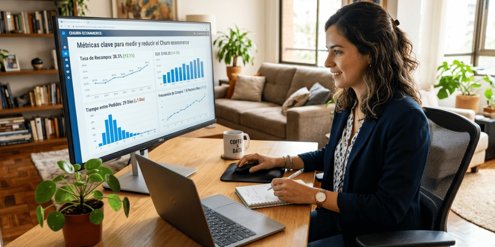 Chica sentada en la computadora analizando métricas clave para medir y reducir el churn rate