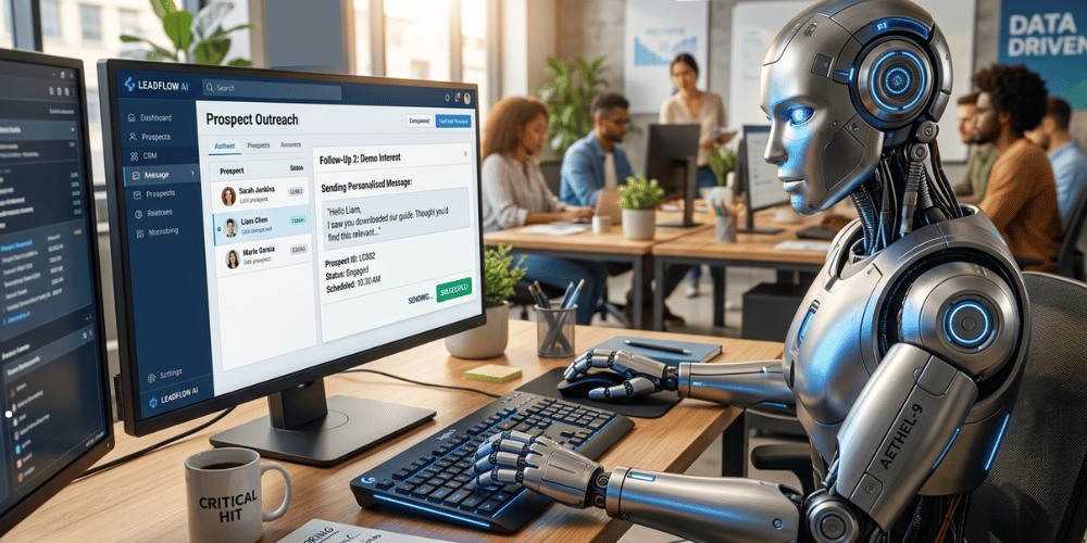 Robot enviando mensajes personalizados a prospectos en una computadora representando un seguimiento de leads automatizado