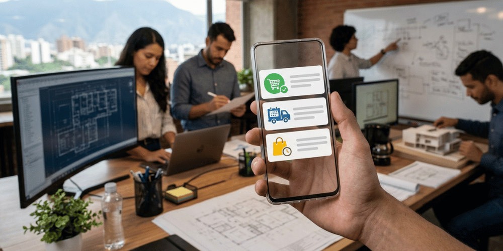 Automatización inteligente: un smartphone mostrando notificaciones automáticas de confirmación de compra, recordatorio de envío y carrito abandonado, mientras un equipo humano trabaja en tareas más complejas detrás.