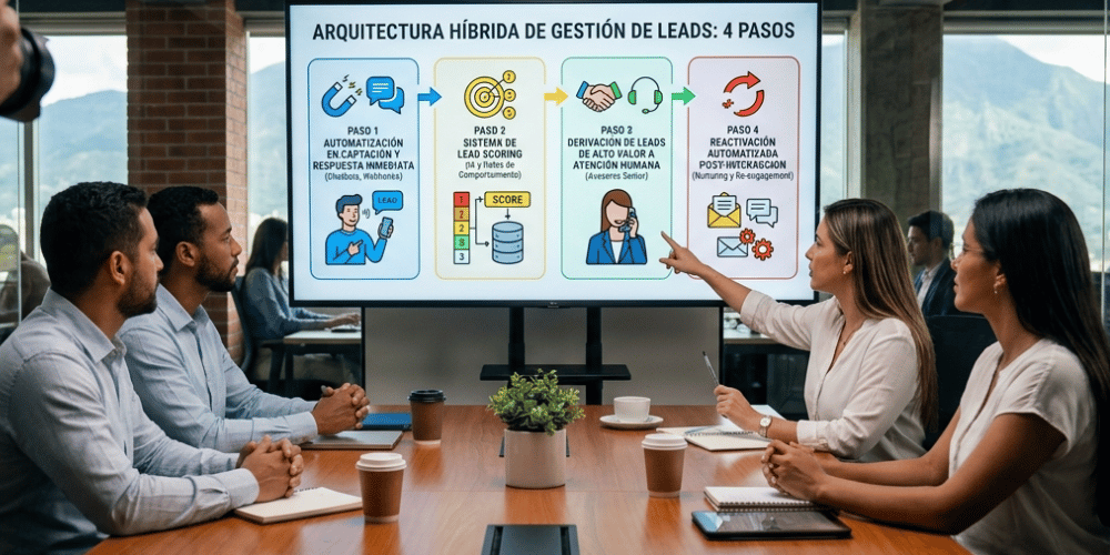 Diagrama de 4 pasos de una arquitectura híbrida: automatización inteligente en captación y respuesta inmediata, sistema de lead scoring, derivación de leads de alto valor a atención humana, y reactivación automatizada post-interacción.