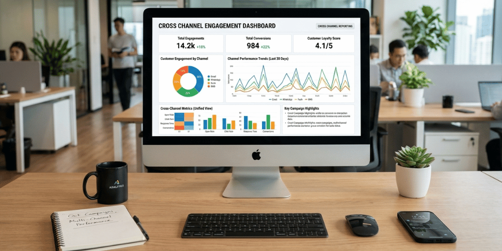 Computadora reflejando gráfico de Cross Channel Reporting unificando datos de email, SMS, push y WhatsApp en un solo dashboard con métricas de compromiso real del cliente